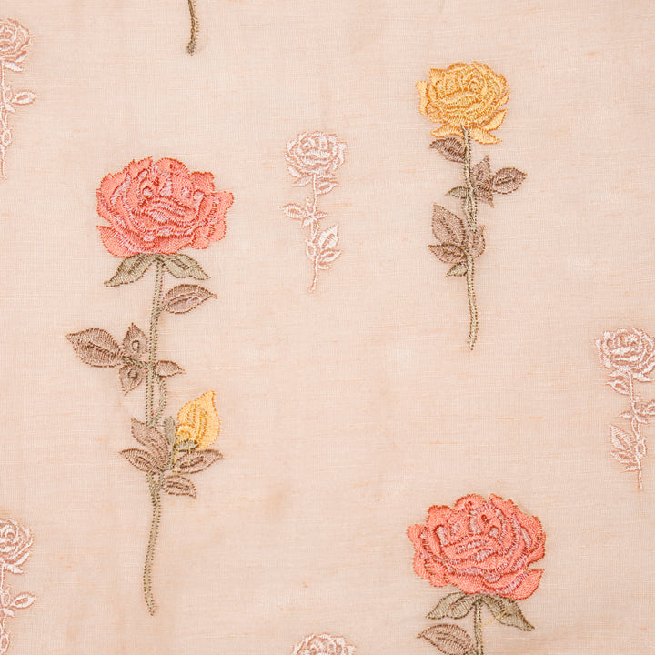 Yuvika Rose Buta on Light Peach Silk Linen Embroidered Fabric