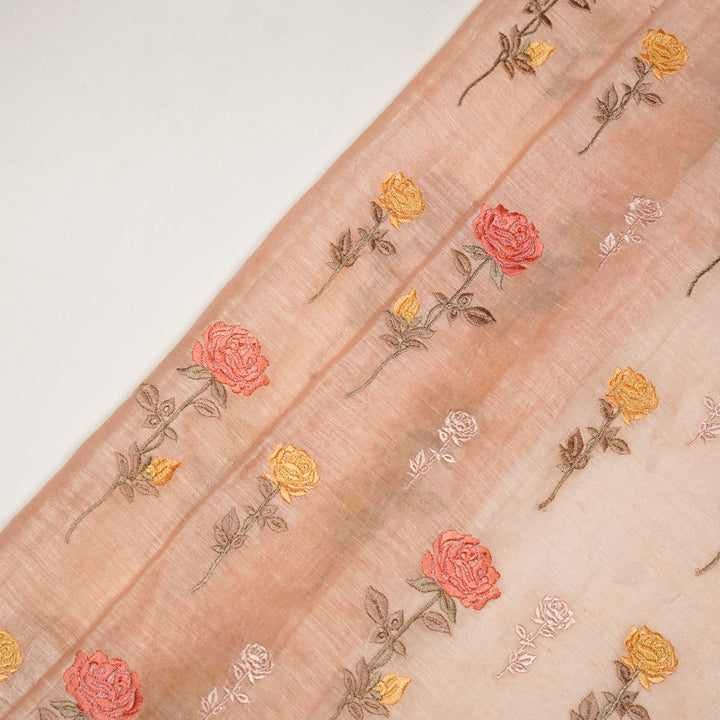 Yuvika Rose Buta on Light Peach Silk Linen Embroidered Fabric