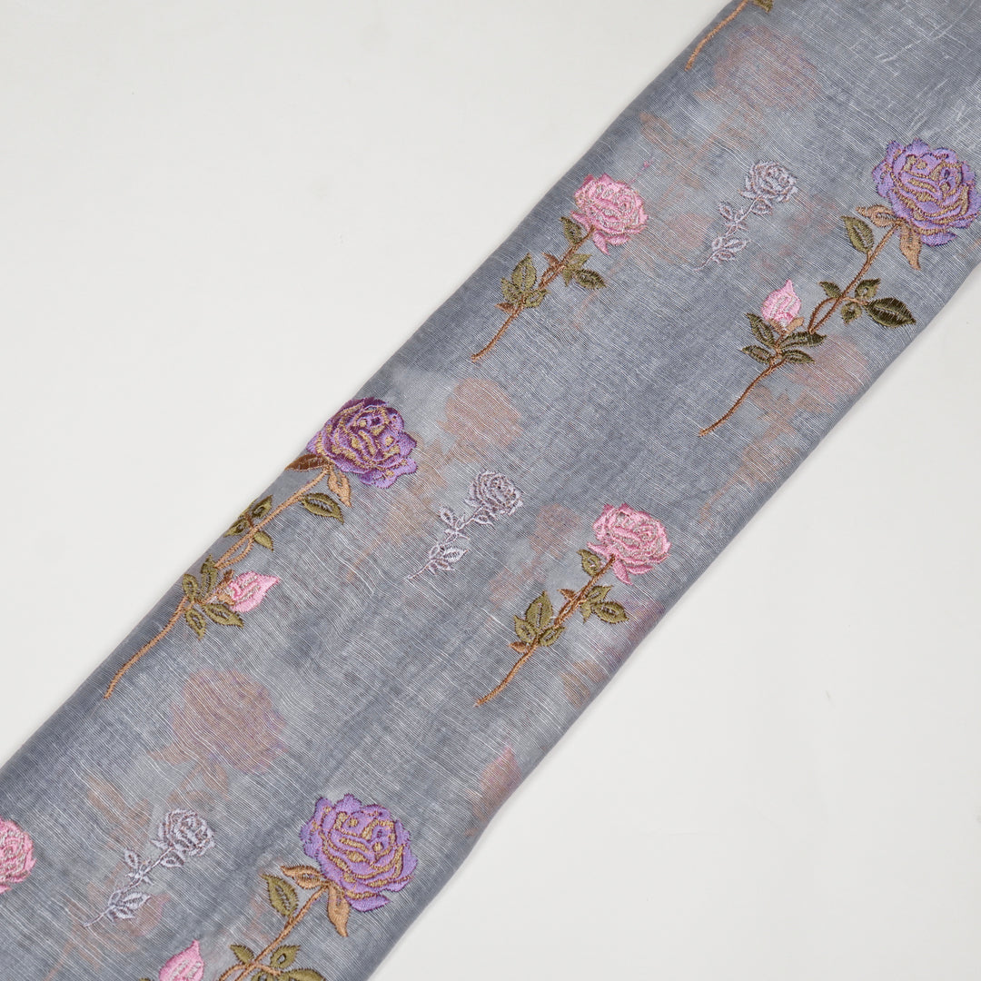 Yuvika Rose Buta on Mauve Silk Linen Embroidered Fabric