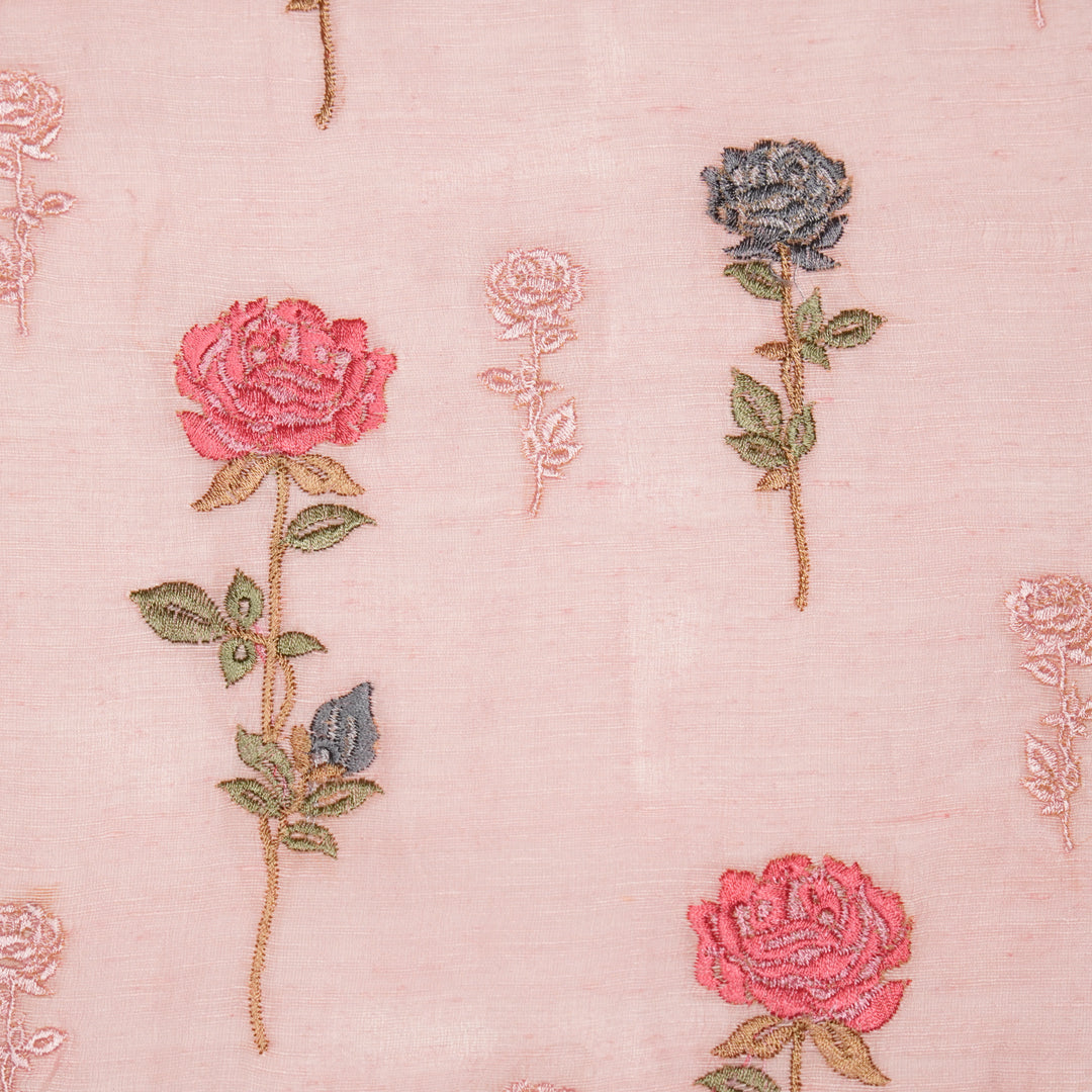 Yuvika Rose Buta on Pink Silk Linen Embroidered Fabric