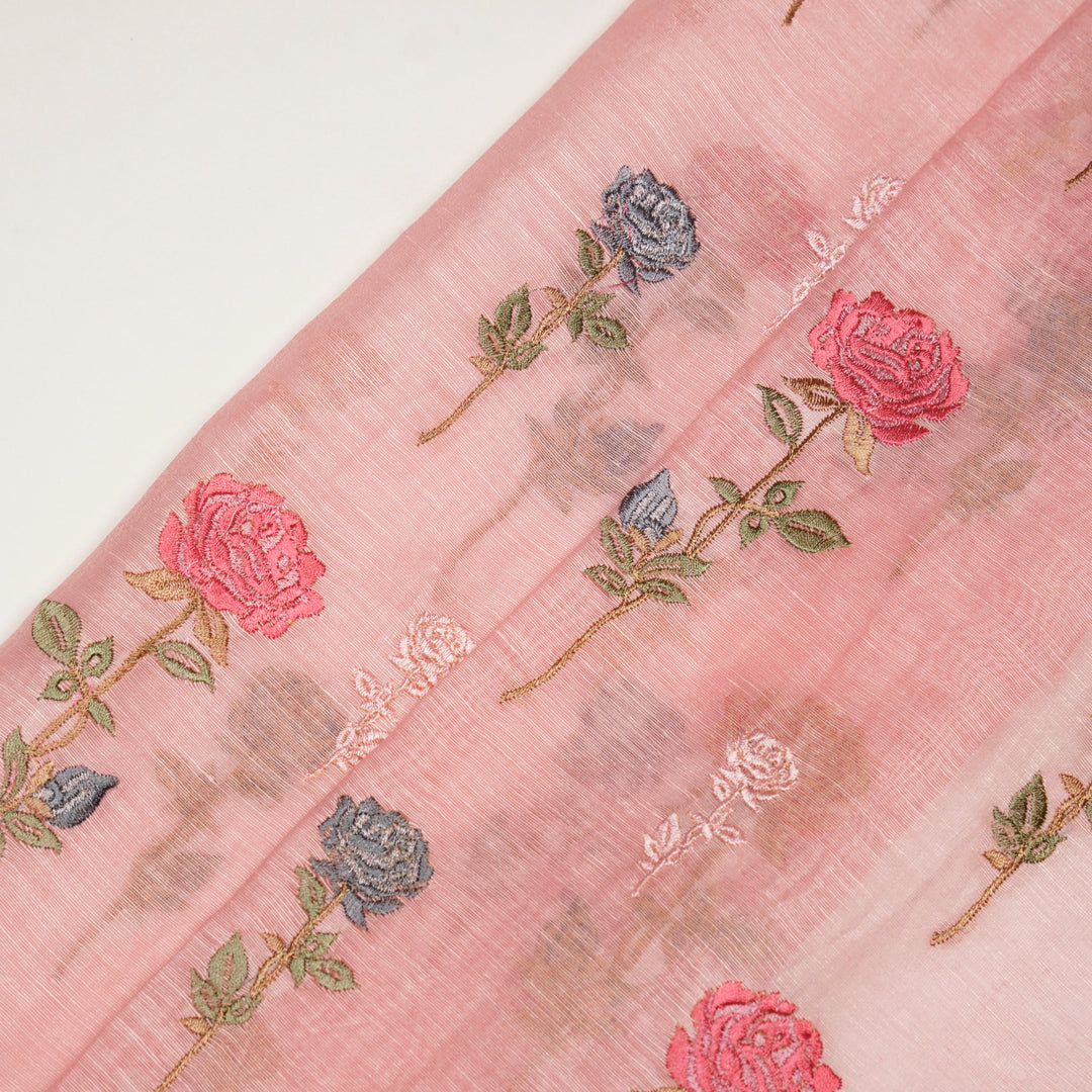 Yuvika Rose Buta on Pink Silk Linen Embroidered Fabric