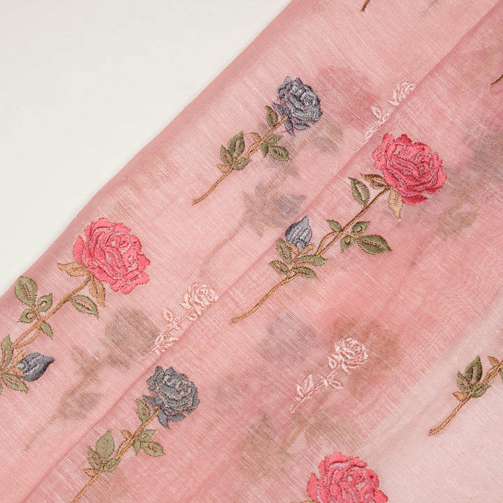 Yuvika Rose Buta on Pink Silk Linen Embroidered Fabric