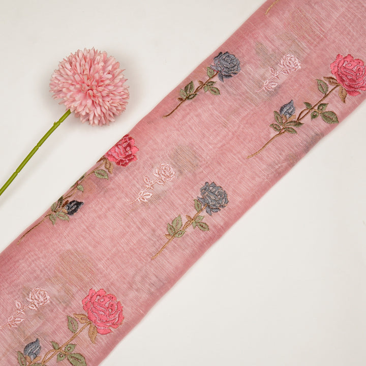 Yuvika Rose Buta on Pink Silk Linen Embroidered Fabric