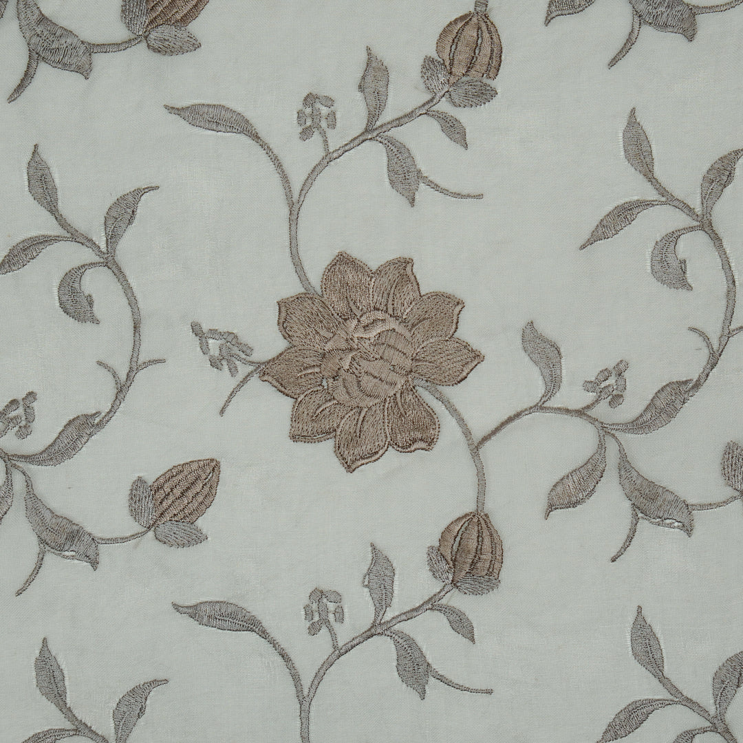 Floral Jaal in self matching on Stone Grey Silk Organza