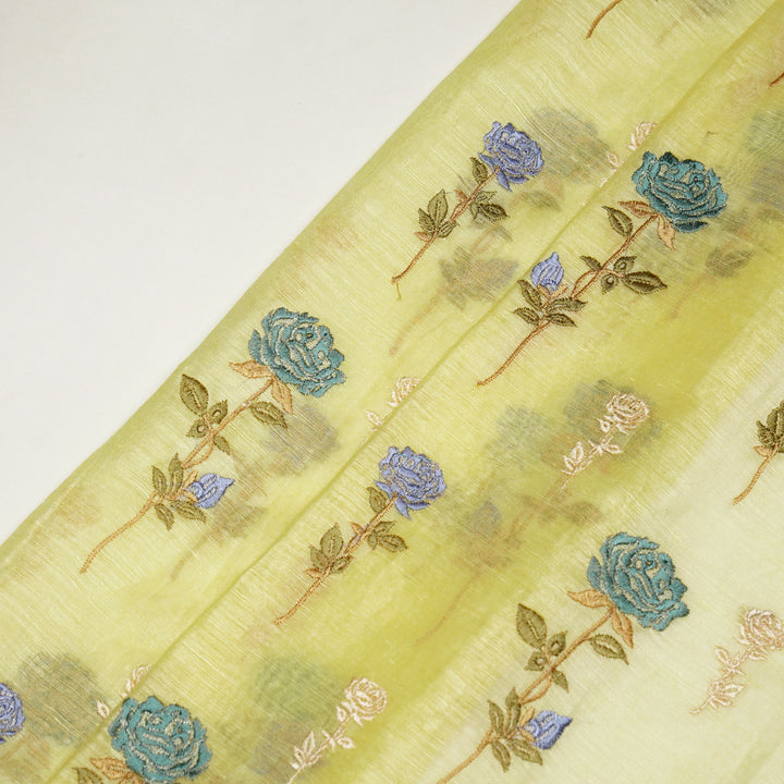 Yuvika Rose Buta on Lemon Silk Linen Embroidered Fabric
