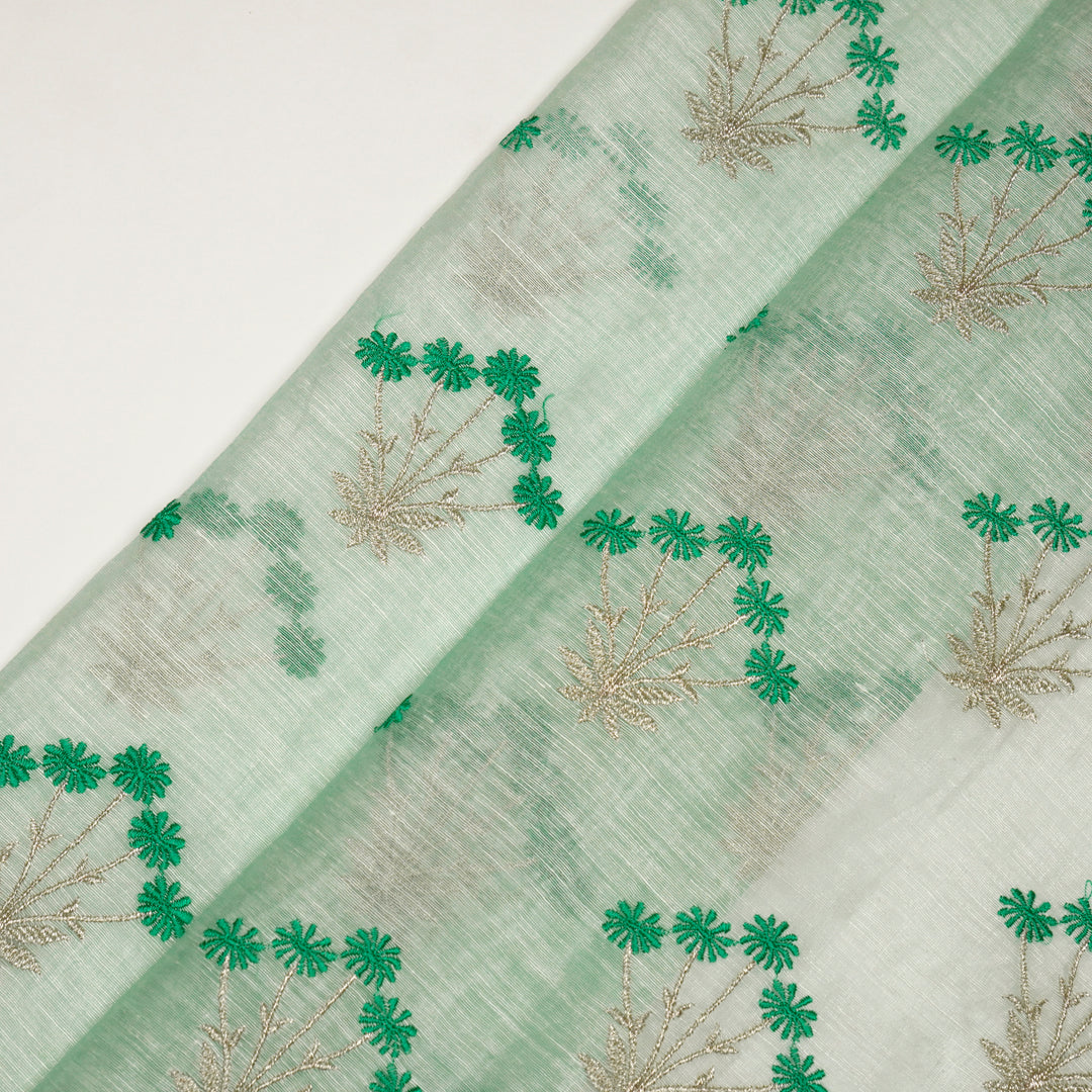 Urmi Buta on Sea Green Silk Linen Embroidered Fabric