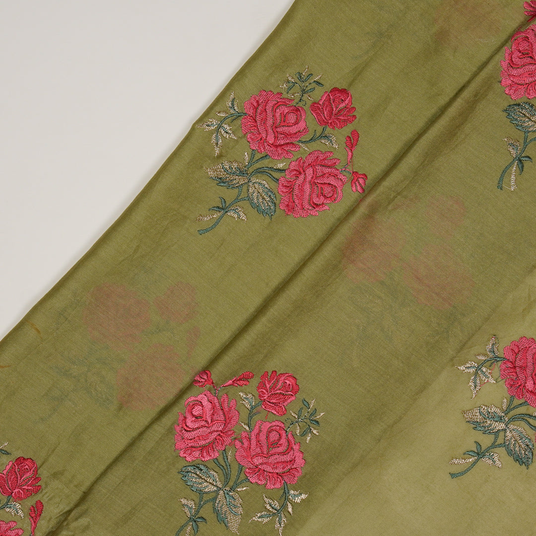 Kaasni Floral Buta on Olive Silk Chanderi Embroidered Fabric
