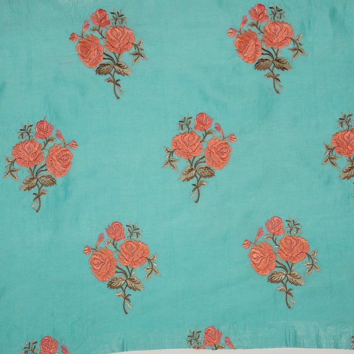Kaasni Floral Buta on Teal Blue Silk Chanderi Embroidered Fabric
