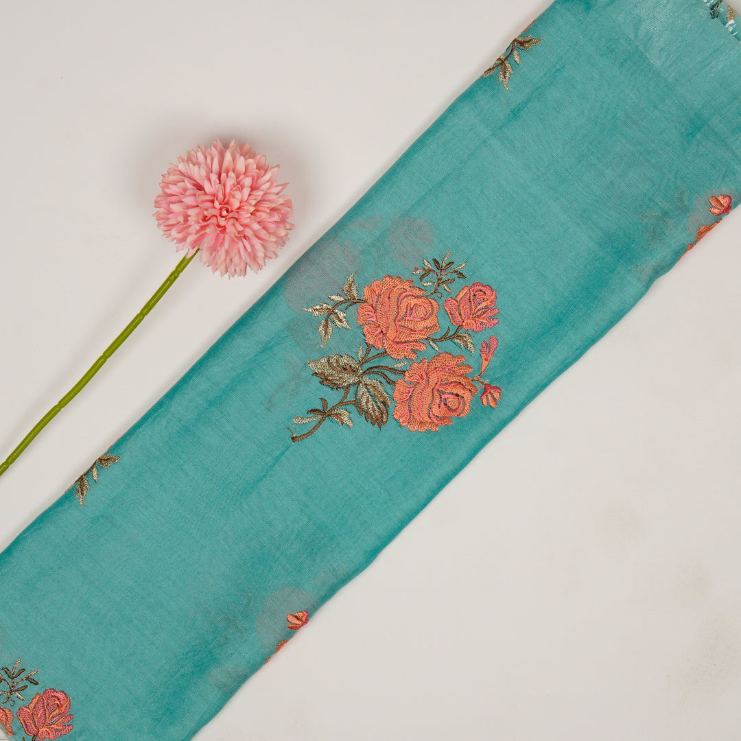 Kaasni Floral Buta on Teal Blue Silk Chanderi Embroidered Fabric