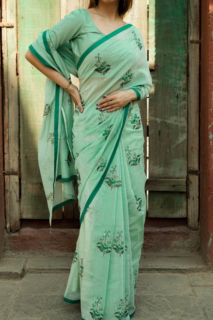 Shayra Embroidered Saree on Light Mint Cotton Silk