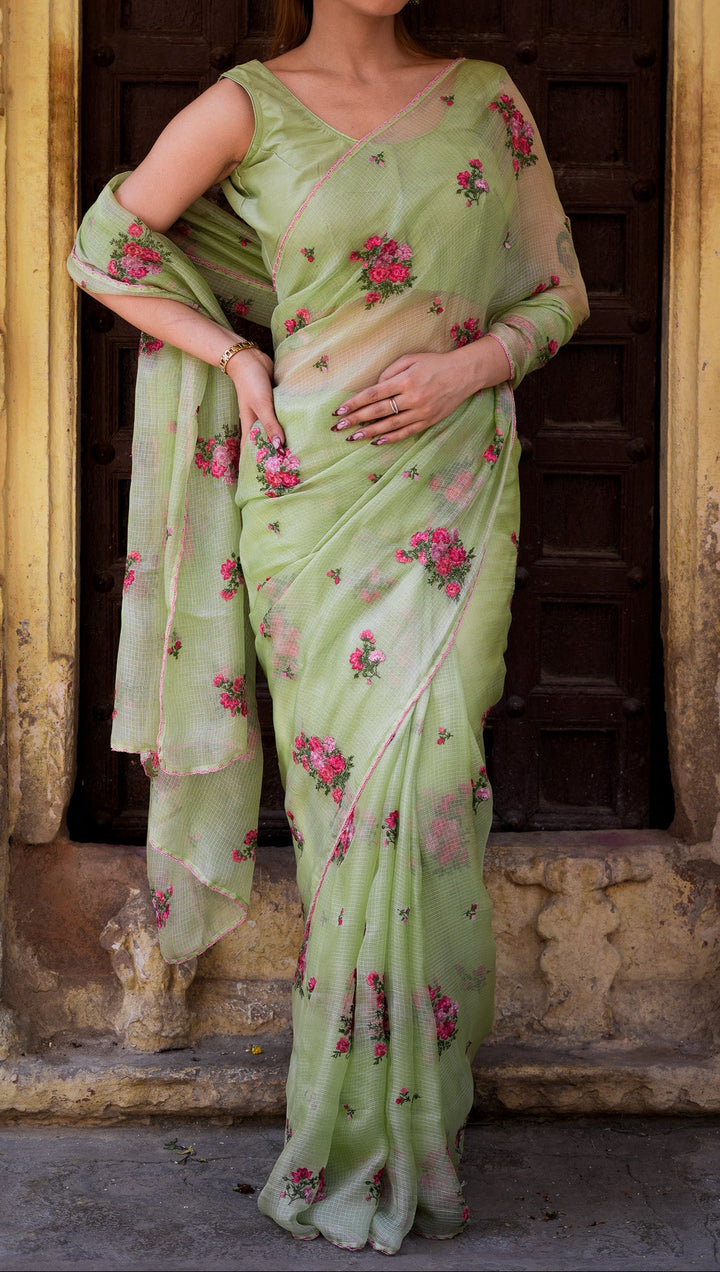 Ruma Embroidered Saree on Pista Silk Kota