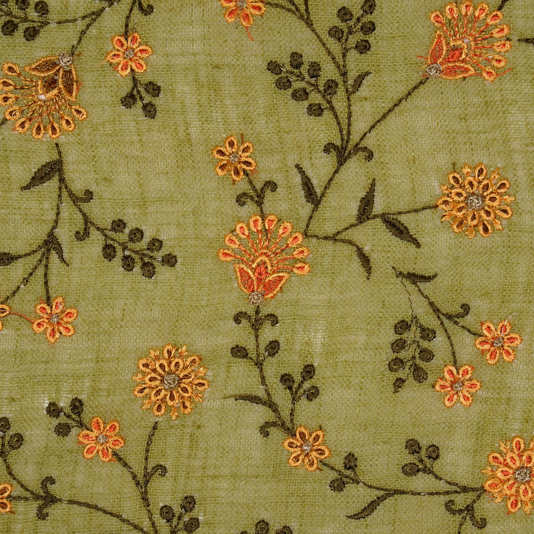 Eiram Jaal on Olive Gauged Linen Embroidered Fabric