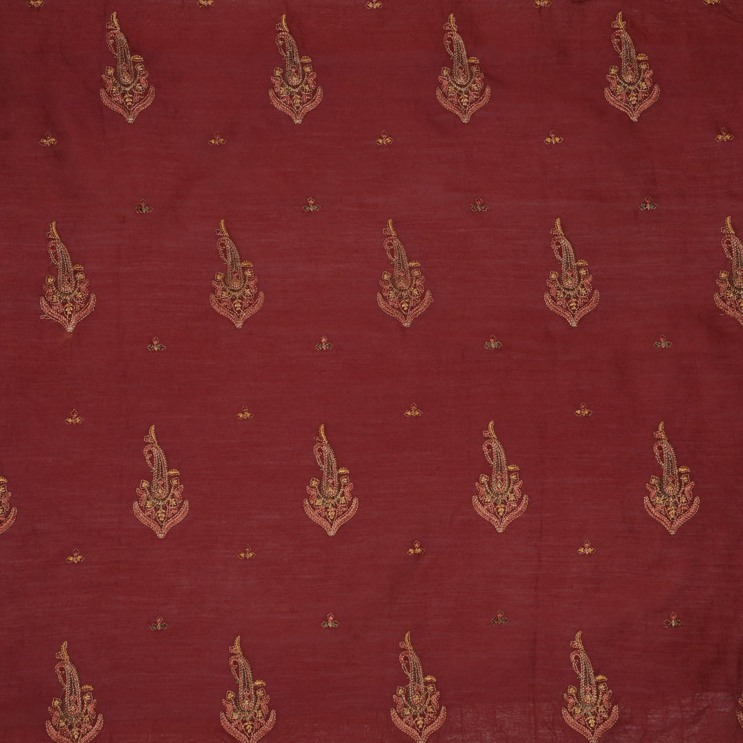 Haima Buta Buti Mixture on Maroon Silk Chanderi Embroidered Fabric
