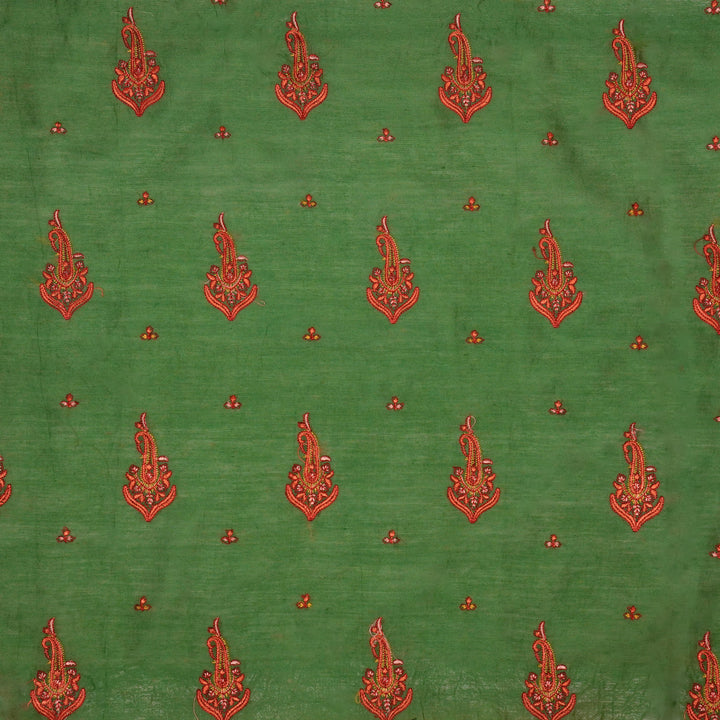 Haima Buta Buti Mixture on Leaf Green Silk Chanderi Embroidered Fabric