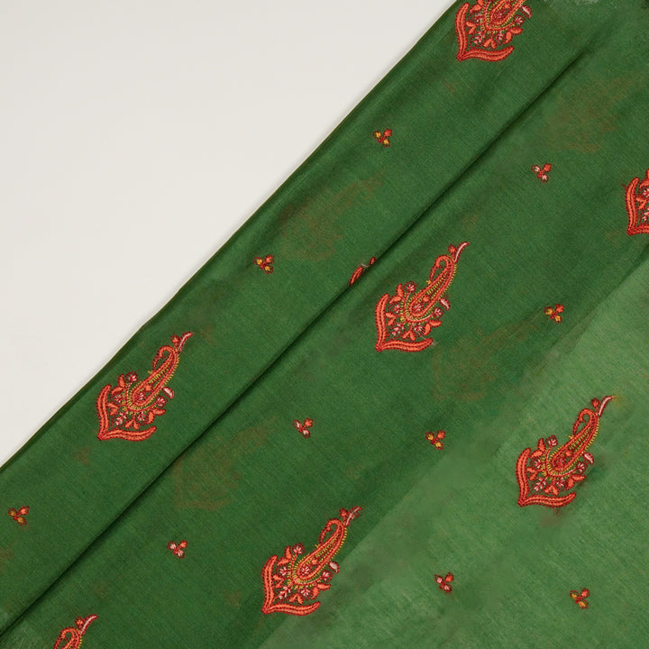 Haima Buta Buti Mixture on Leaf Green Silk Chanderi Embroidered Fabric