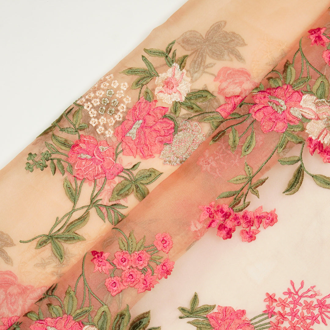 Yashi Jaal on Light Peach Silk Organza Embroidered Fabric