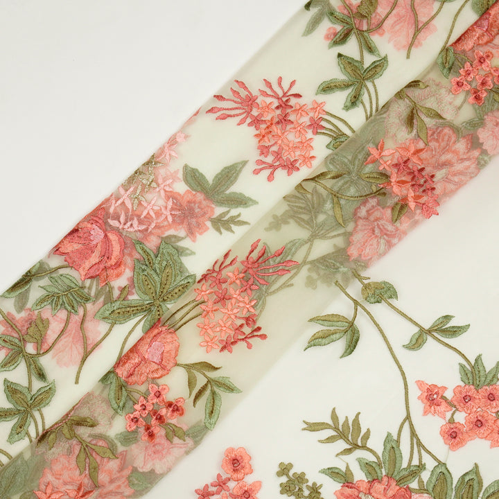 Cream Silk Organza Yashi Jaal Embroidered Fabric