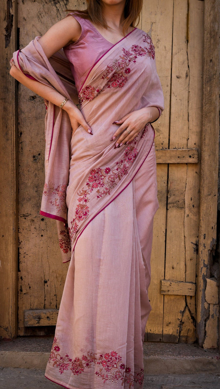 Rasmiya Embroidered Saree on Blush Cotton Silk