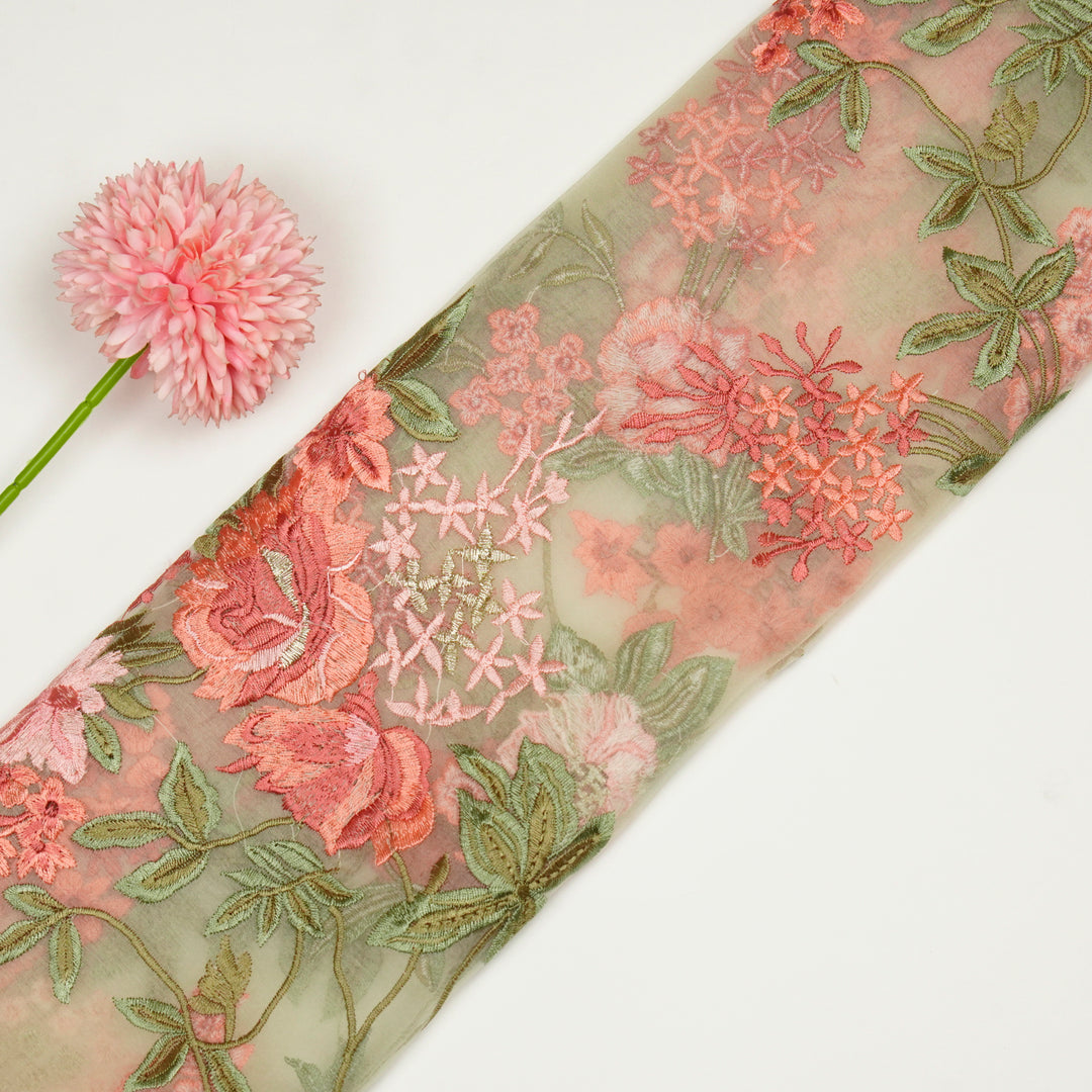 Cream Silk Organza Yashi Jaal Embroidered Fabric