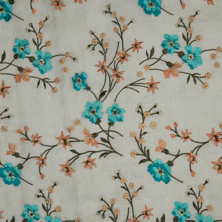 Abstract Floral Jaal on Light Teal Silk Organza
