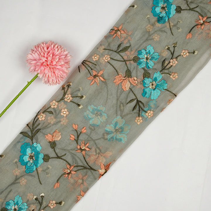 Abstract Floral Jaal on Light Teal Silk Organza