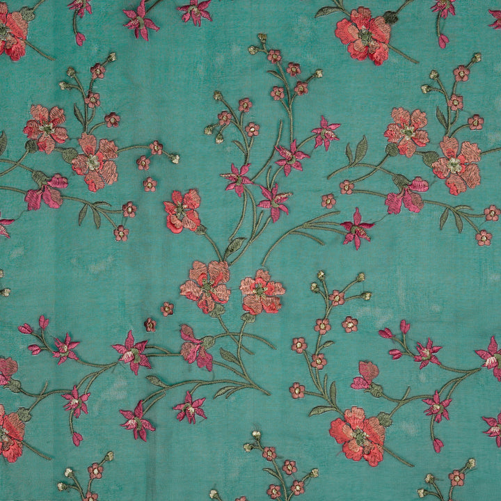 Abstract Floral Jaal on Teal Silk Organza