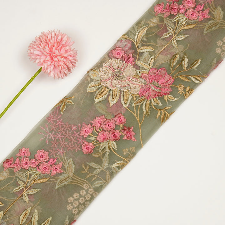 Yashi Jaal on Moss Green Silk Organza Embroidered Fabric