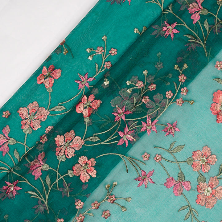 Abstract Floral Jaal on Teal Silk Organza