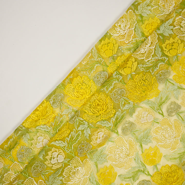 Elisha Floral Jaal on Lime Silk Organza Embroidered Fabric