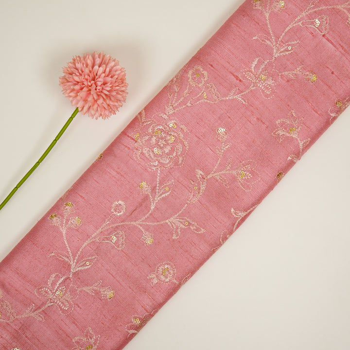 Taraash Jaal on Pink Raw Silk Embroidered Fabric