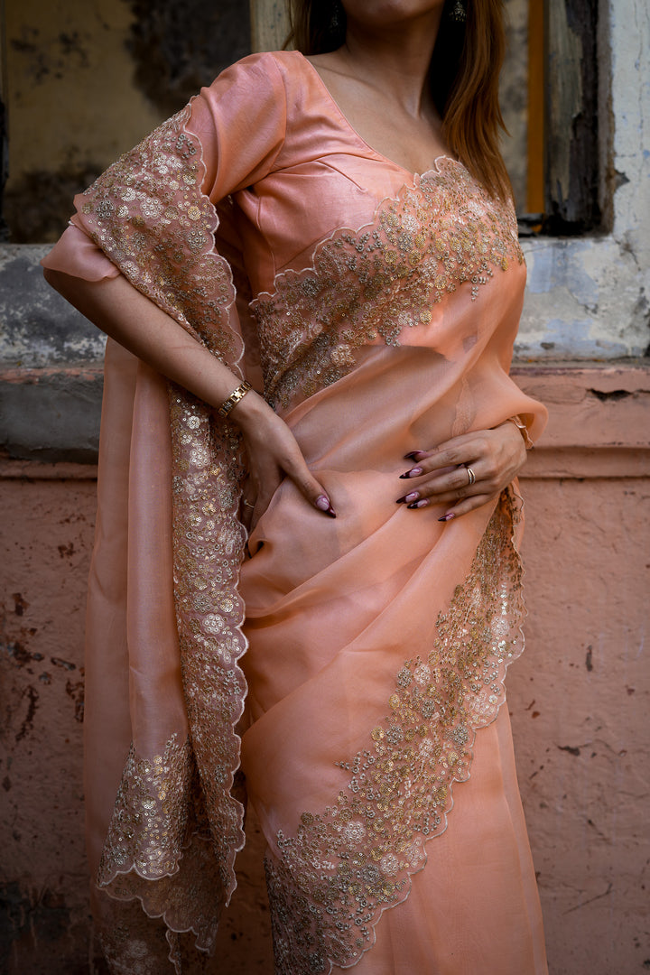 Tabeera Embroidered Saree on Peach Pure Silk Organza
