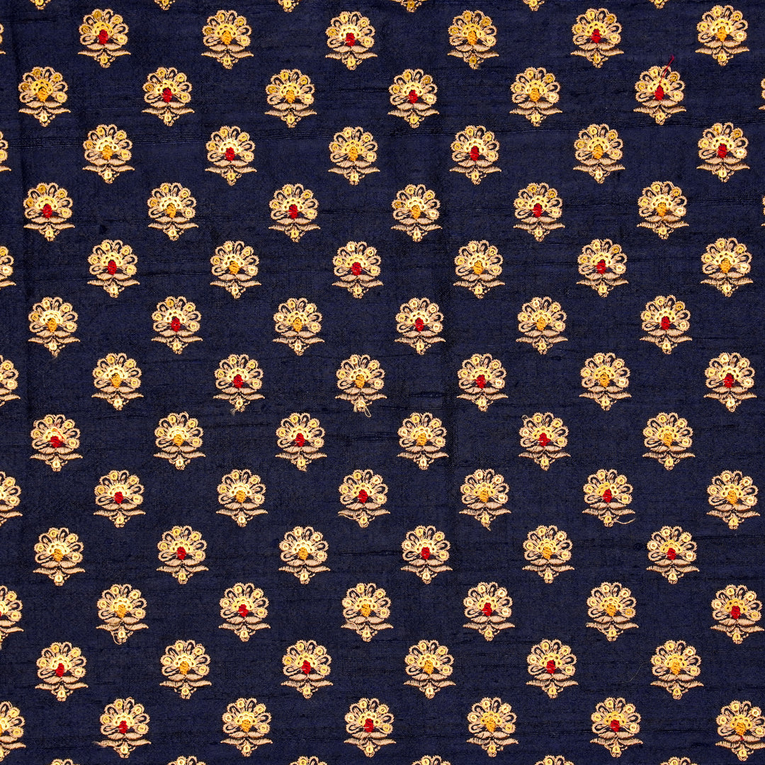 Muneer Buti on Navy Blue  Raw Silk Embroidered Fabric