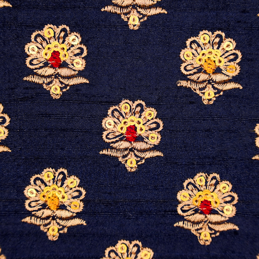 Muneer Buti on Navy Blue  Raw Silk Embroidered Fabric