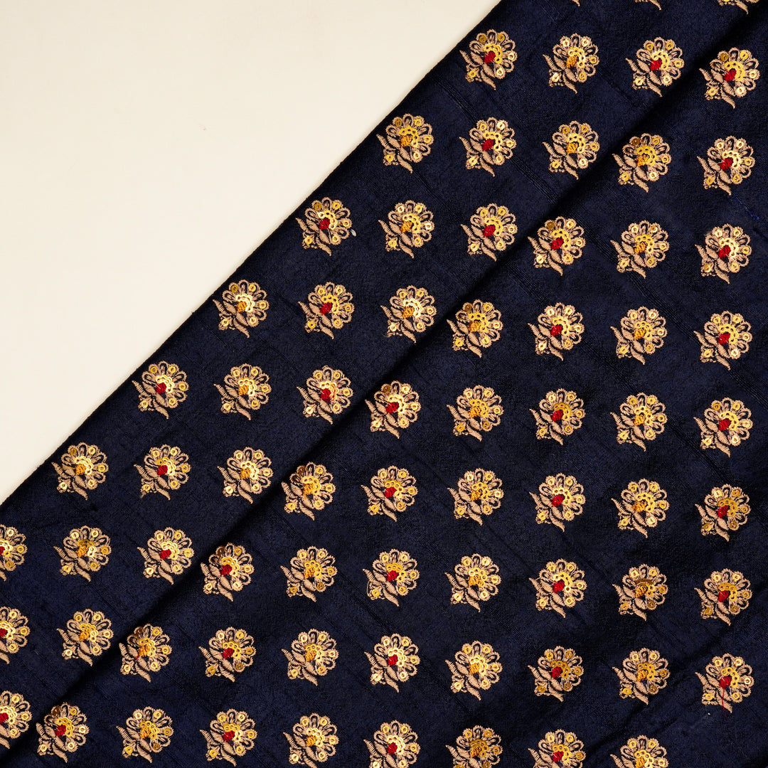 Muneer Buti on Navy Blue  Raw Silk Embroidered Fabric
