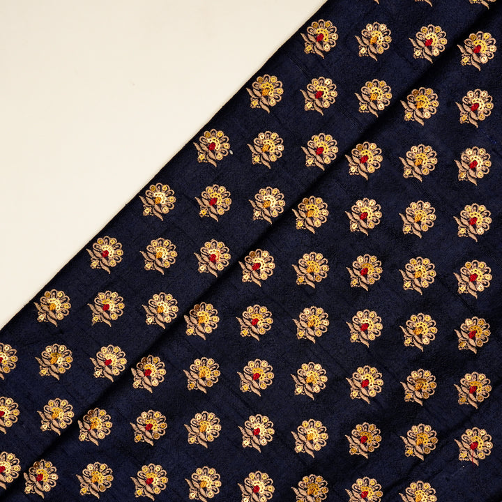 Muneer Buti on Navy Blue  Raw Silk Embroidered Fabric