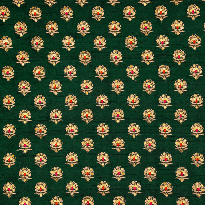 Muneer Buti on Bottle Green  Raw Silk Embroidered Fabric