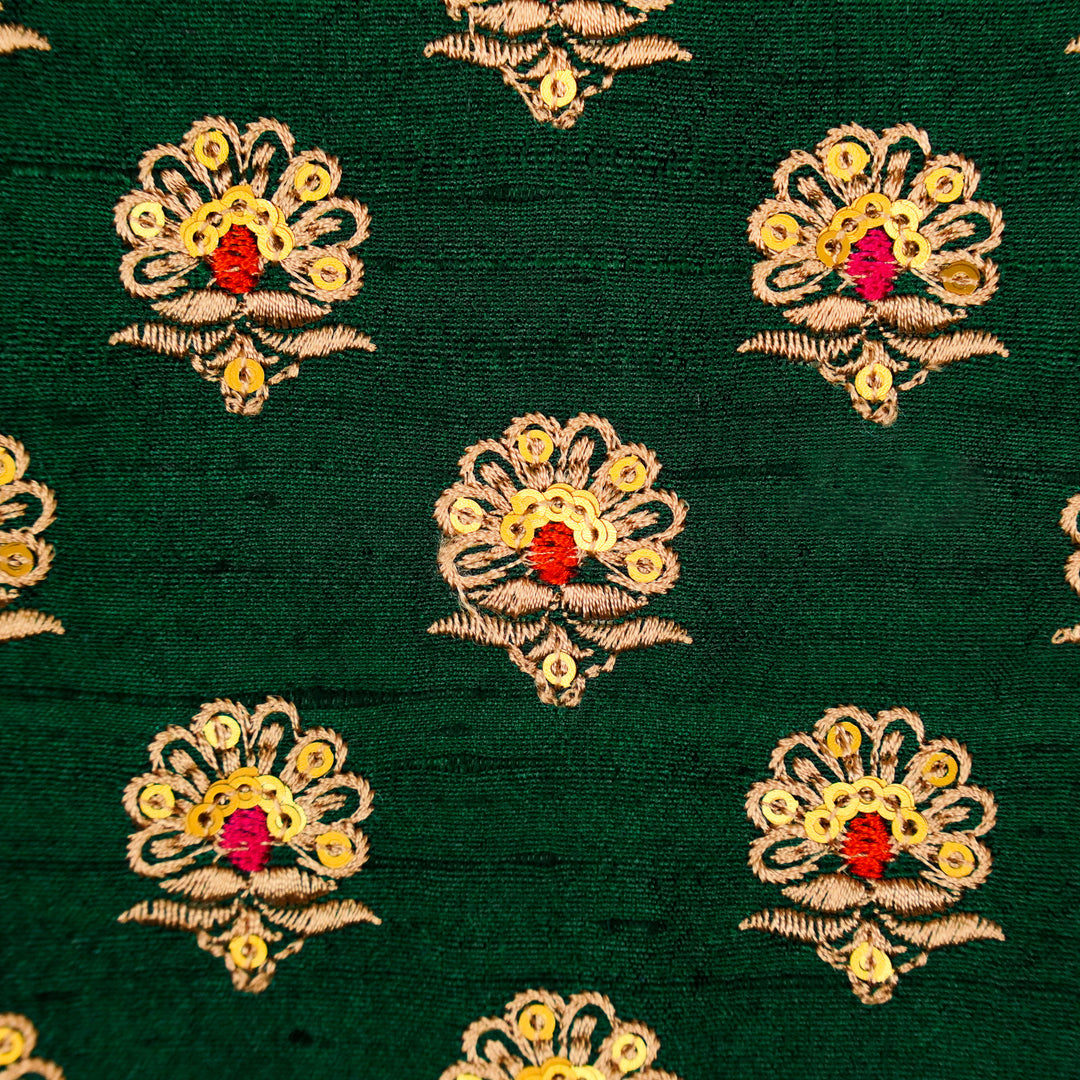 Muneer Buti on Bottle Green  Raw Silk Embroidered Fabric