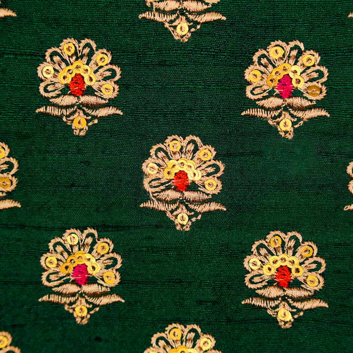 Muneer Buti on Bottle Green  Raw Silk Embroidered Fabric