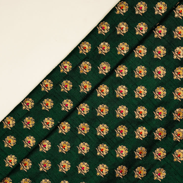 Muneer Buti on Bottle Green  Raw Silk Embroidered Fabric