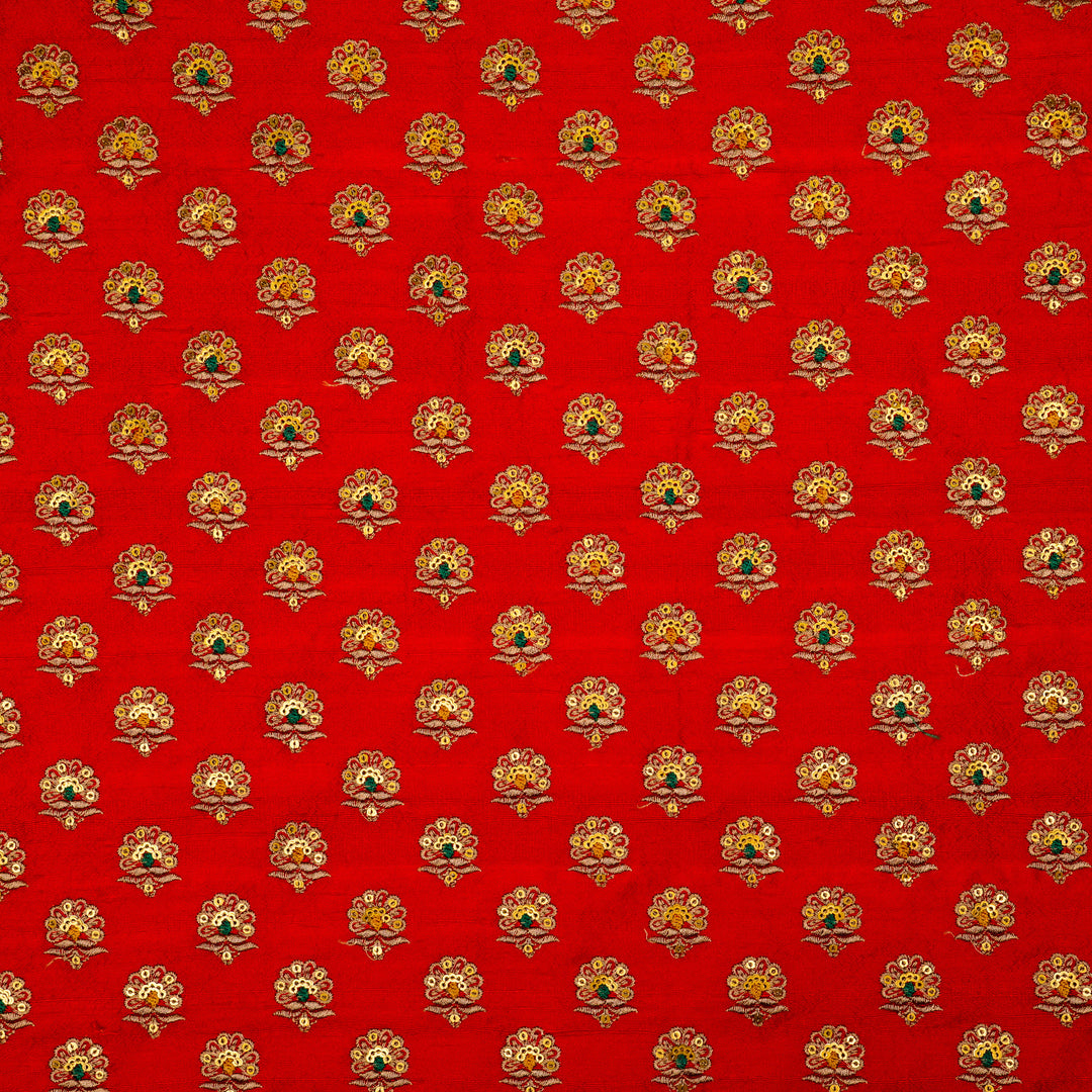 Muneer Buti on Red Raw Silk Embroidered Fabric