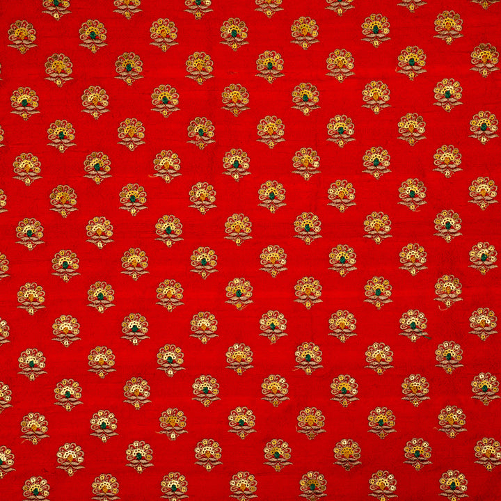 Muneer Buti on Red Raw Silk Embroidered Fabric
