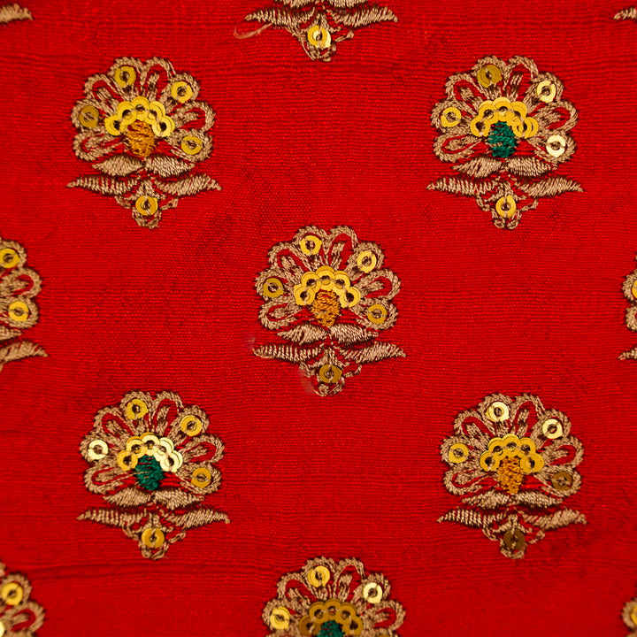 Muneer Buti on Red Raw Silk Embroidered Fabric