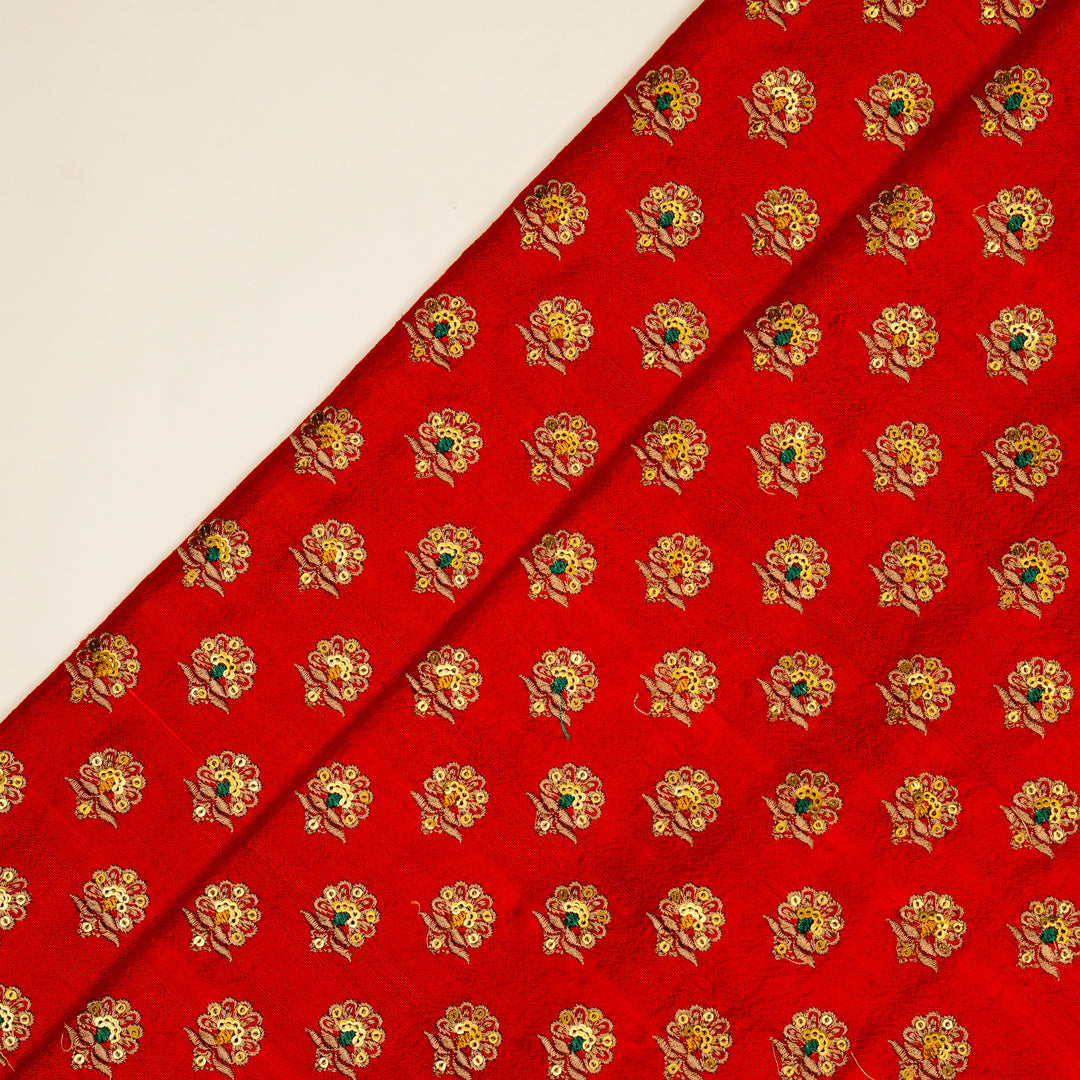 Muneer Buti on Red Raw Silk Embroidered Fabric