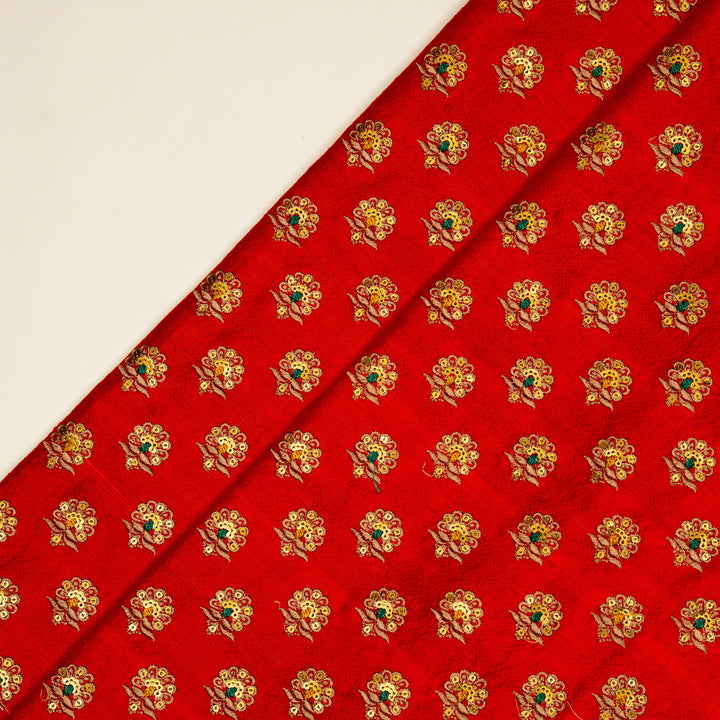 Muneer Buti on Red Raw Silk Embroidered Fabric