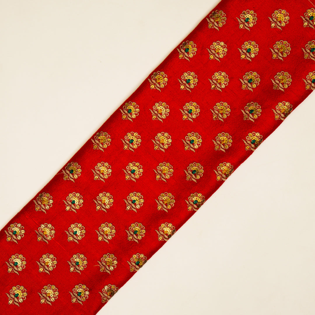 Muneer Buti on Red Raw Silk Embroidered Fabric