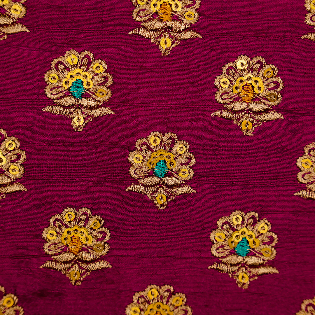 Muneer Buti on Magenta Raw Silk Embroidered Fabric