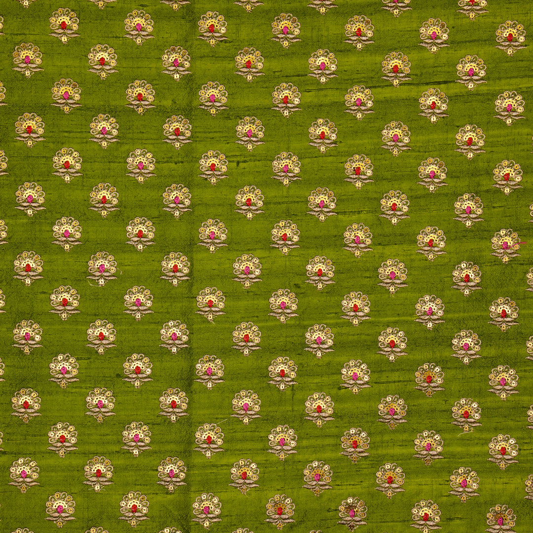 Muneer Buti on Olive Green Raw Silk Embroidered Fabric