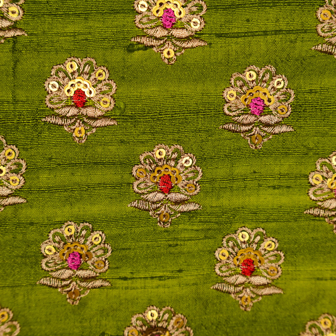Muneer Buti on Olive Green Raw Silk Embroidered Fabric