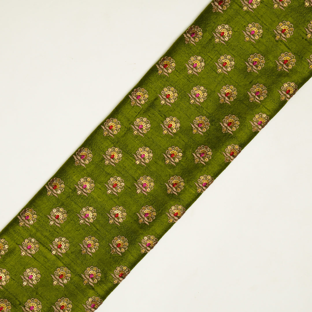 Muneer Buti on Olive Green Raw Silk Embroidered Fabric