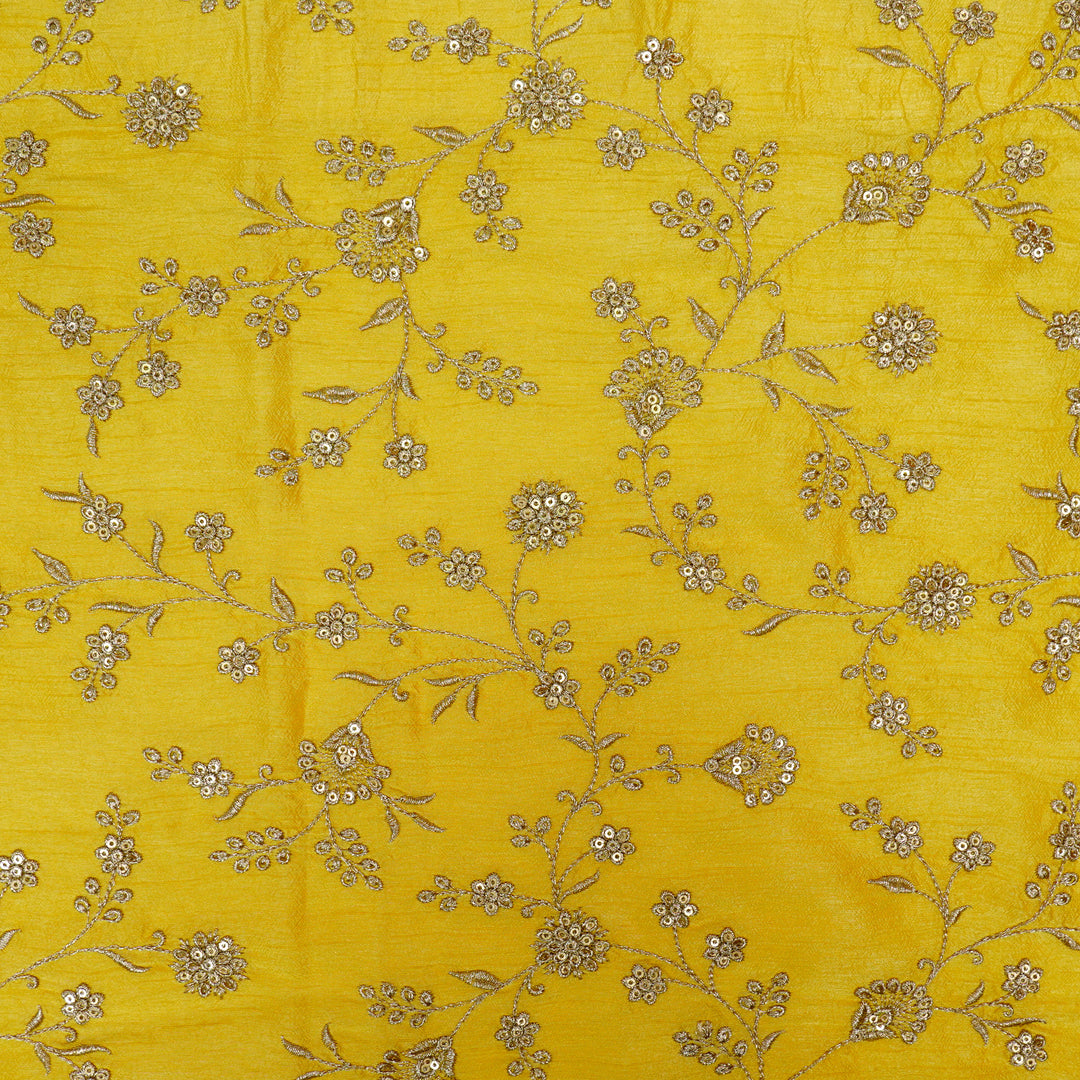 Floral Crown Jaal of Zari with Sequin Touch on Lemon Semi Raw Silk